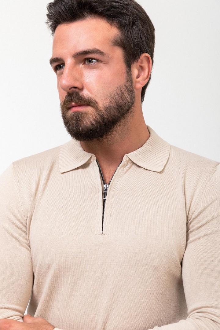 Beige Color Viscose Fabric Zippered And Shirt Collar Design Casual Men's Knitwear