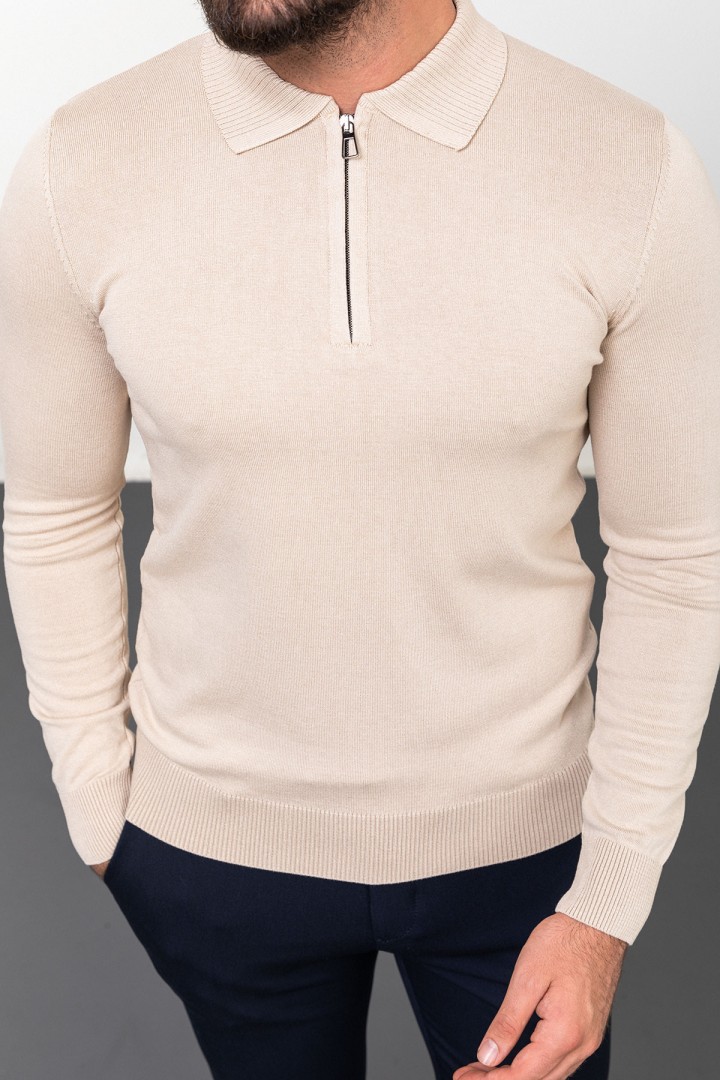 Beige Color Viscose Fabric Zippered And Shirt Collar Design Casual Men's Knitwear