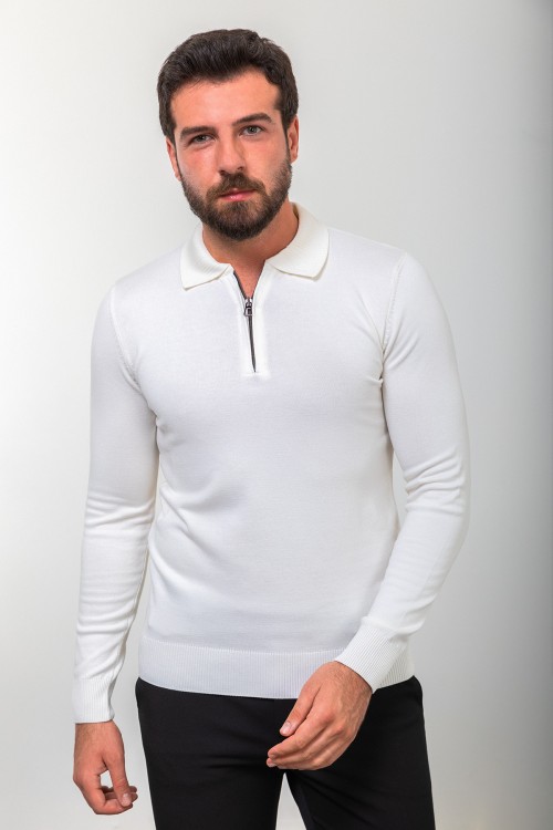 Ecru Color Viscose Fabric Zippered And Shirt Collar Design Casual Men's Knitwear