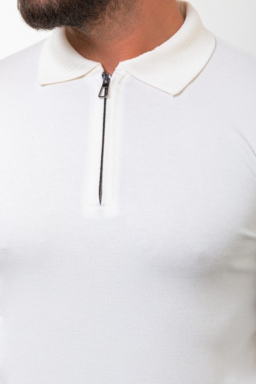 Ecru Color Viscose Fabric Zippered And Shirt Collar Design Casual Men's Knitwear