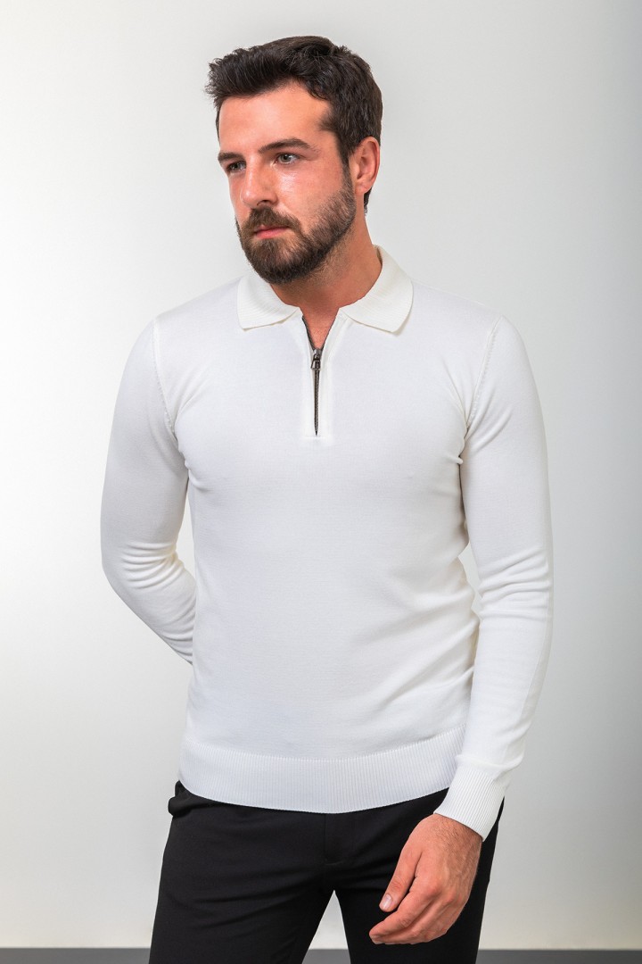 Ecru Color Viscose Fabric Zippered And Shirt Collar Design Casual Men's Knitwear
