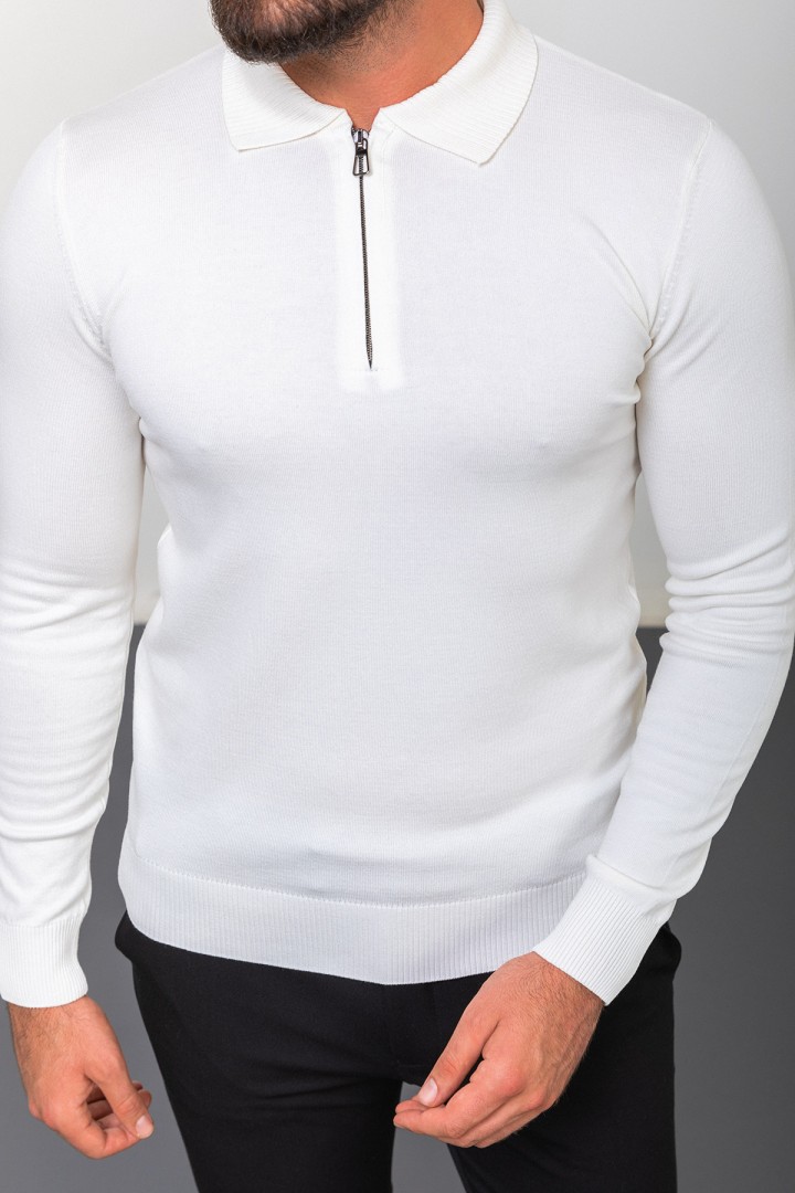 Ecru Color Viscose Fabric Zippered And Shirt Collar Design Casual Men's Knitwear