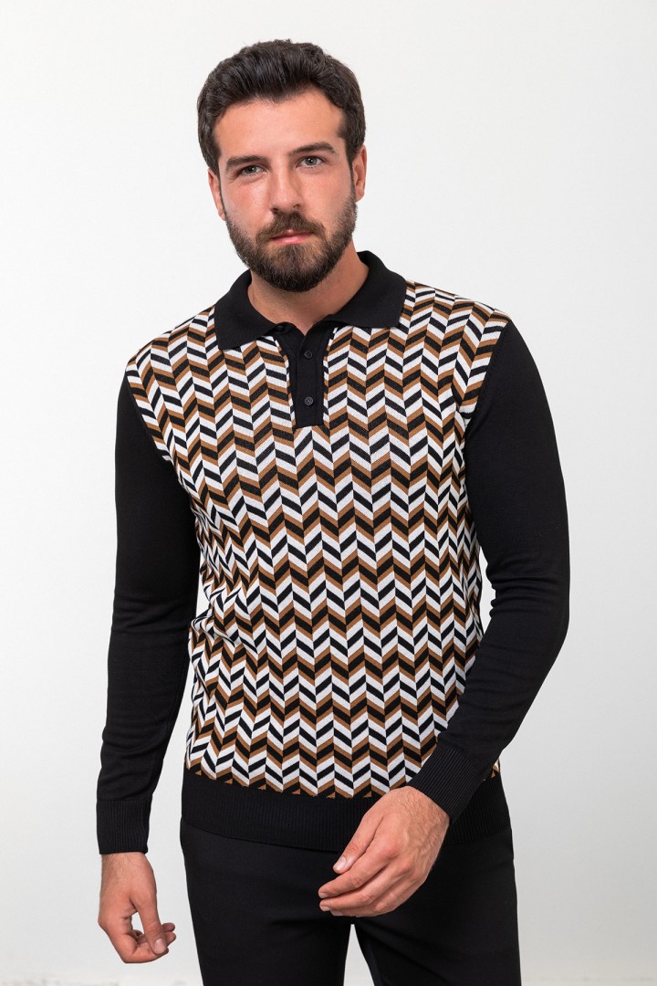 Black Color Viscose Fabric Figured Design Casual Men's Polo Collar Knitwear