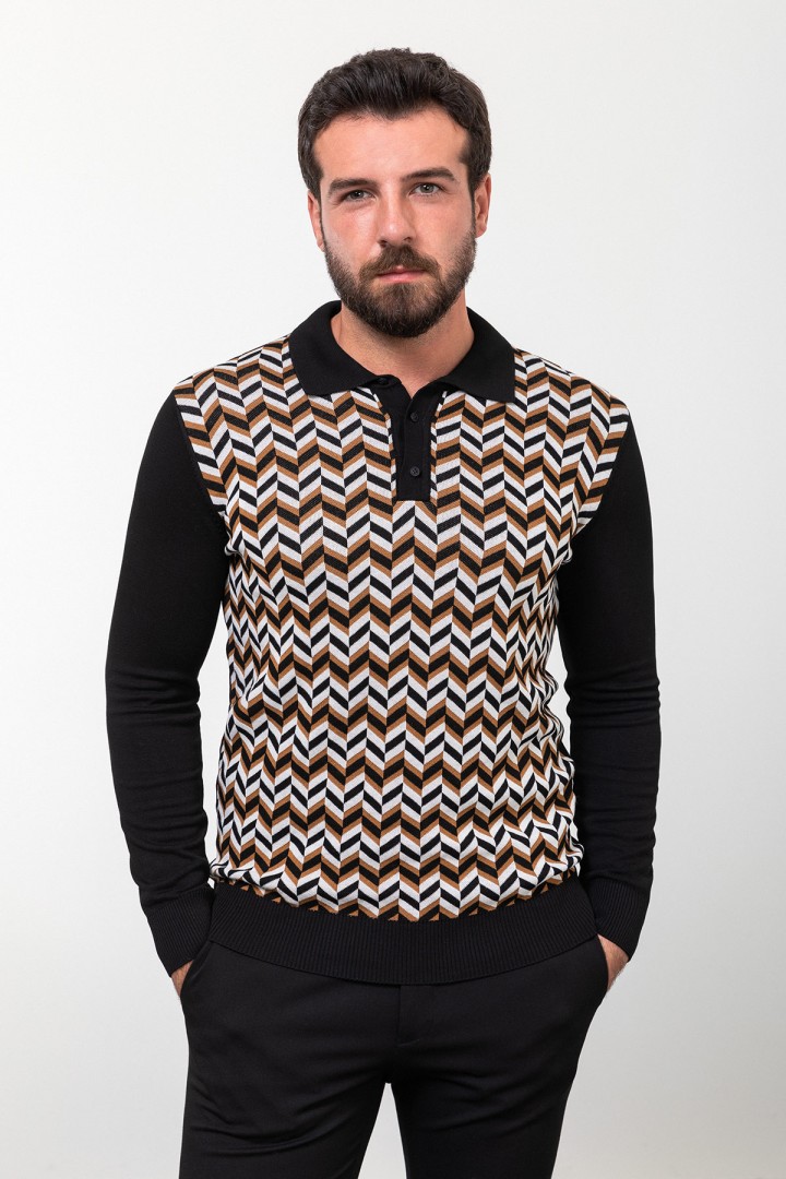 Black Color Viscose Fabric Figured Design Casual Men's Polo Collar Knitwear