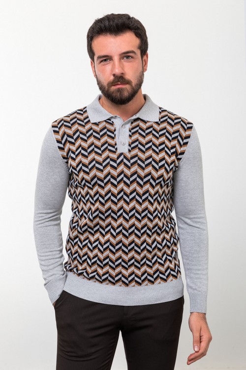 Grey Color Viscose Fabric Figured Design Casual Men's Polo Collar Knitwear