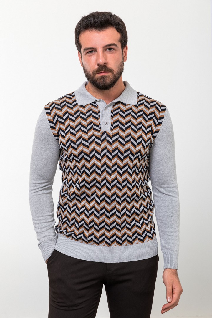 Grey Color Viscose Fabric Figured Design Casual Men's Polo Collar Knitwear