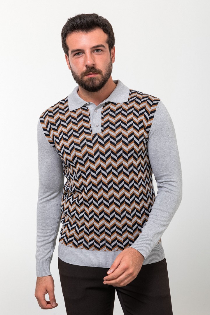 Grey Color Viscose Fabric Figured Design Casual Men's Polo Collar Knitwear