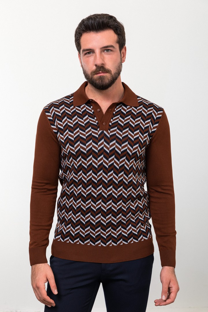 Filbert Color Viscose Fabric Figured Design Casual Men's Polo Collar Knitwear