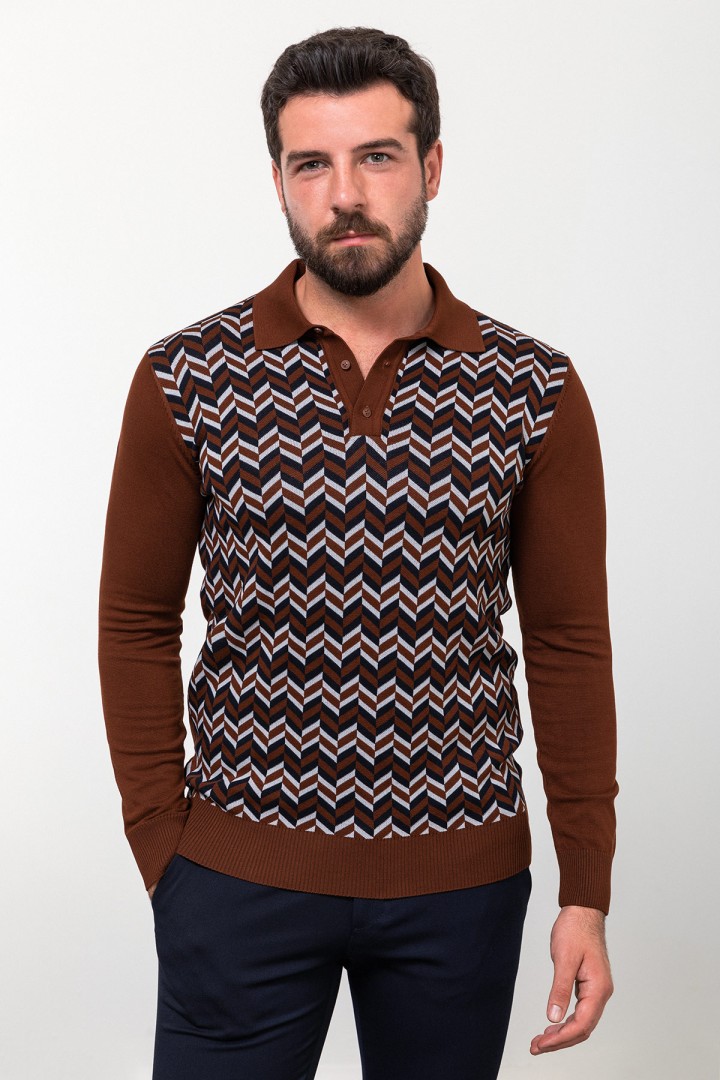 Filbert Color Viscose Fabric Figured Design Casual Men's Polo Collar Knitwear