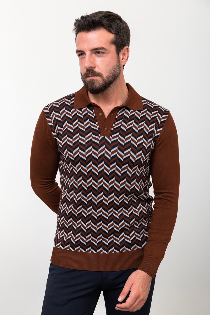 Filbert Color Viscose Fabric Figured Design Casual Men's Polo Collar Knitwear