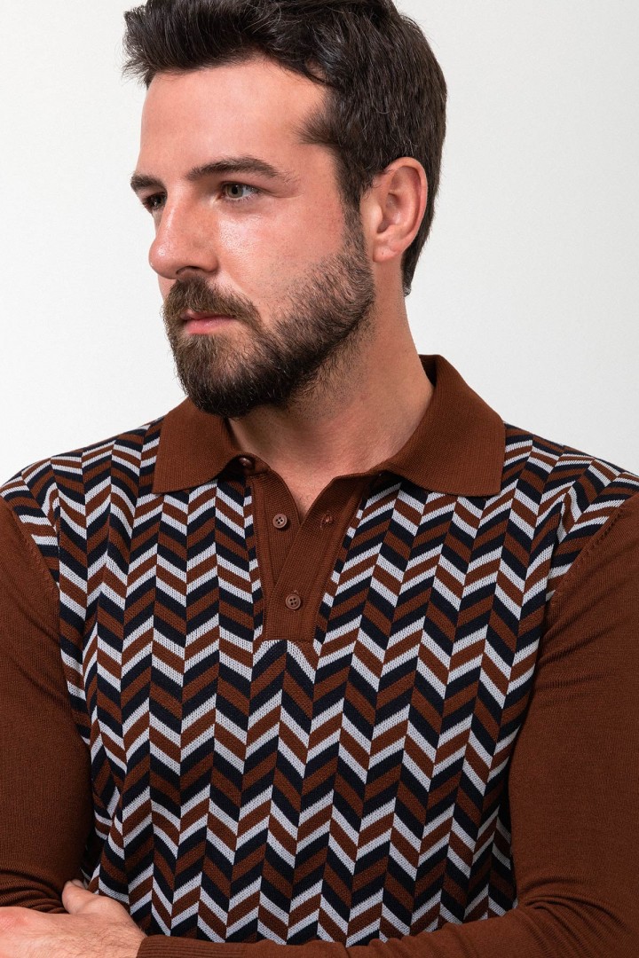Filbert Color Viscose Fabric Figured Design Casual Men's Polo Collar Knitwear