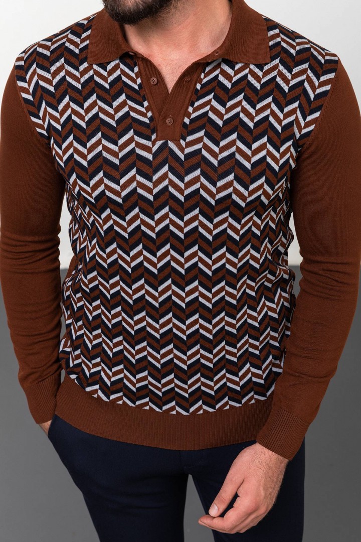 Filbert Color Viscose Fabric Figured Design Casual Men's Polo Collar Knitwear