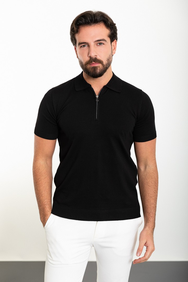 Black Color Zippered Shirt Collar Design Classic Men's Knit Tshirt