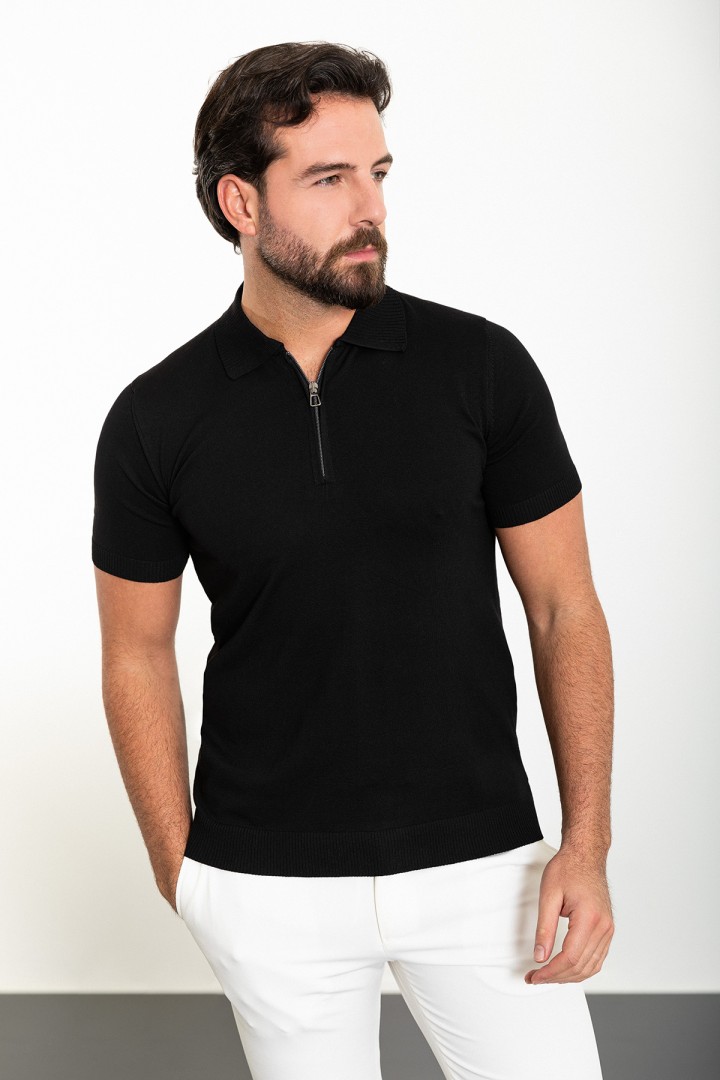 Black Color Zippered Shirt Collar Design Classic Men's Knit Tshirt