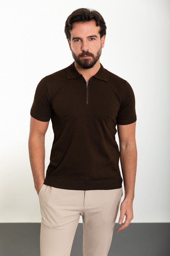 Brown Color Zippered Shirt Collar Design Classic Men's Knit Tshirt