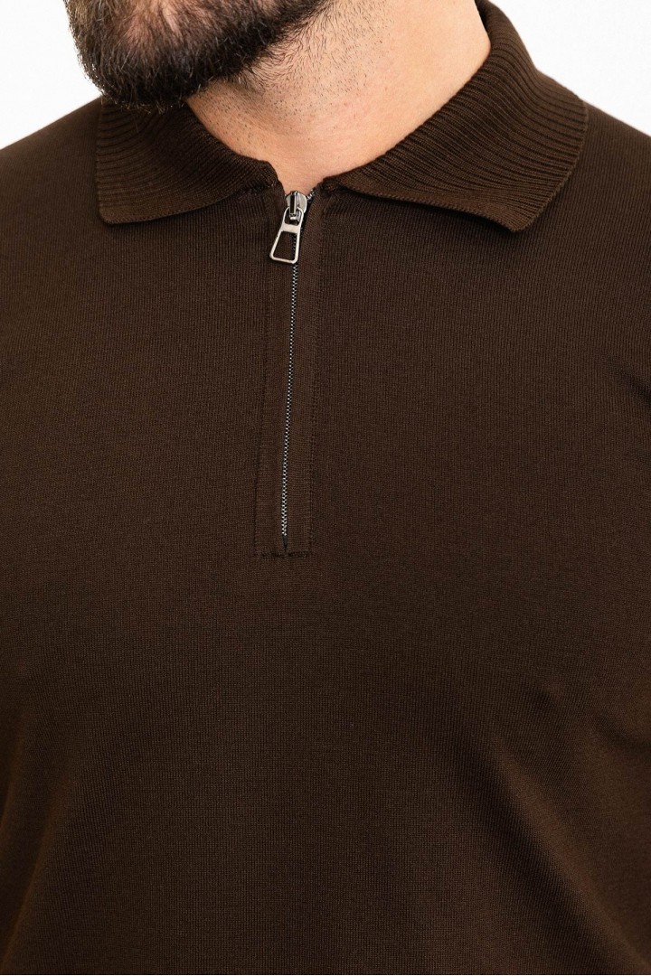 Brown Color Zippered Shirt Collar Design Classic Men's Knit Tshirt