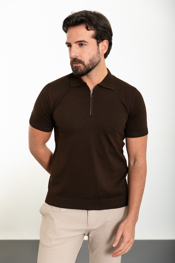 Brown Color Zippered Shirt Collar Design Classic Men's Knit Tshirt