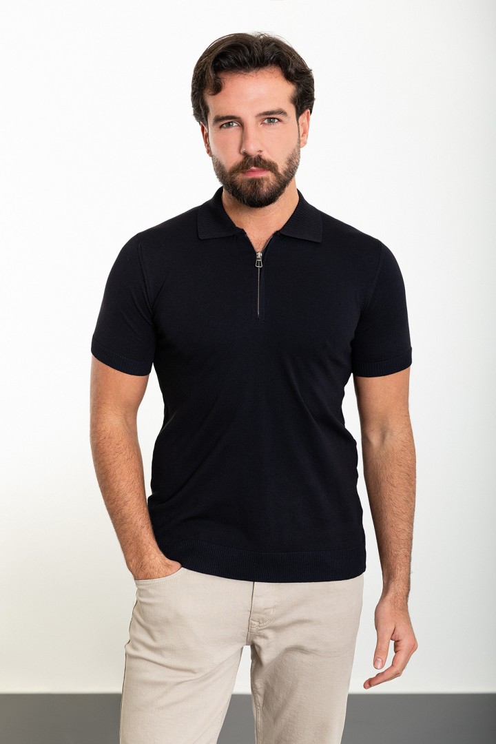 Dark Blue Color Zippered Shirt Collar Design Classic Men's Knit Tshirt