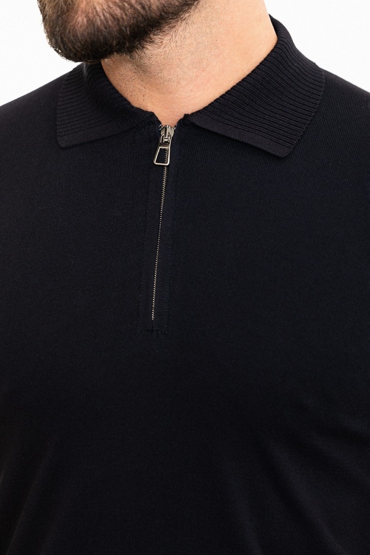 Dark Blue Color Zippered Shirt Collar Design Classic Men's Knit Tshirt