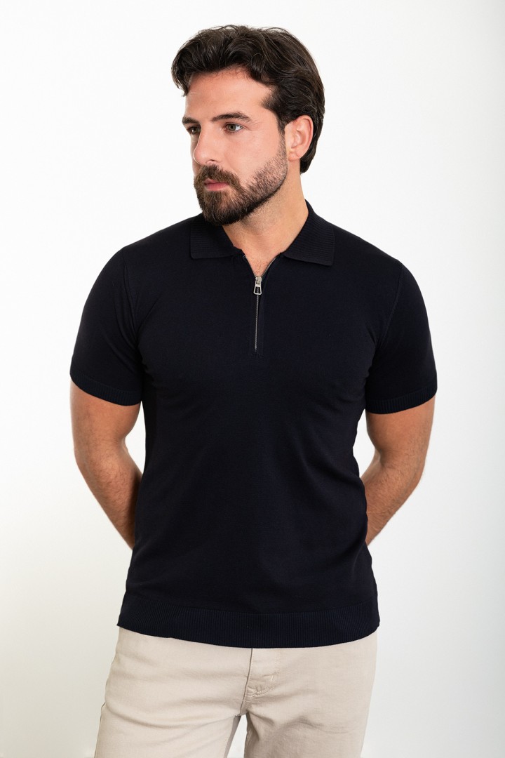 Dark Blue Color Zippered Shirt Collar Design Classic Men's Knit Tshirt