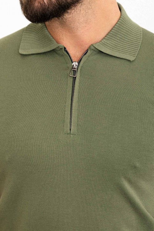 Khaki Color Zippered Shirt Collar Design Classic Men's Knit Tshirt
