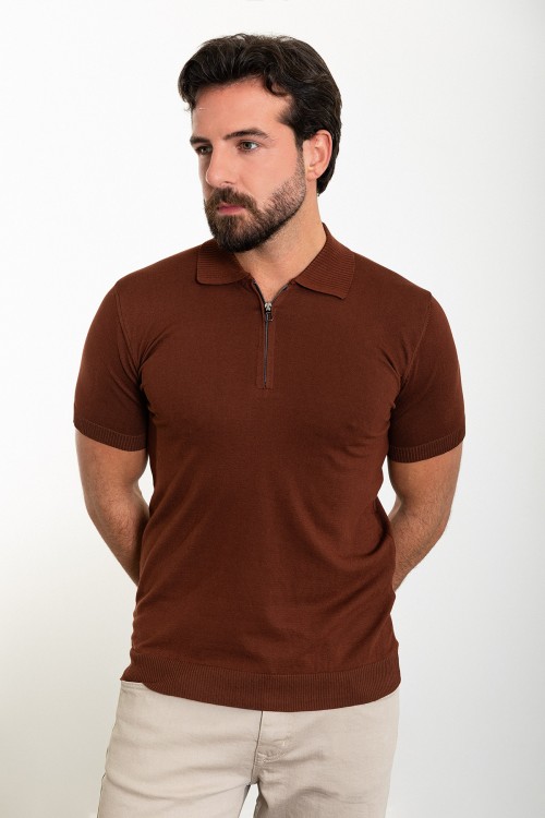 Tile Color Zippered Shirt Collar Design Classic Men's Knit Tshirt