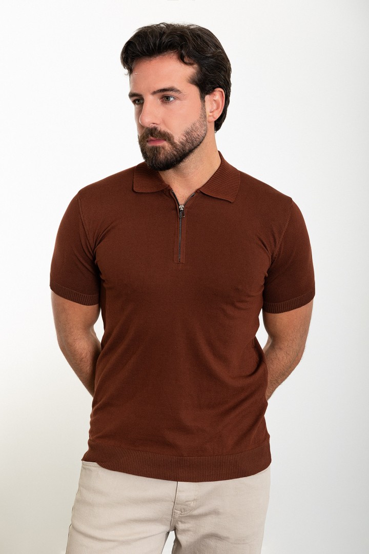 Tile Color Zippered Shirt Collar Design Classic Men's Knit Tshirt