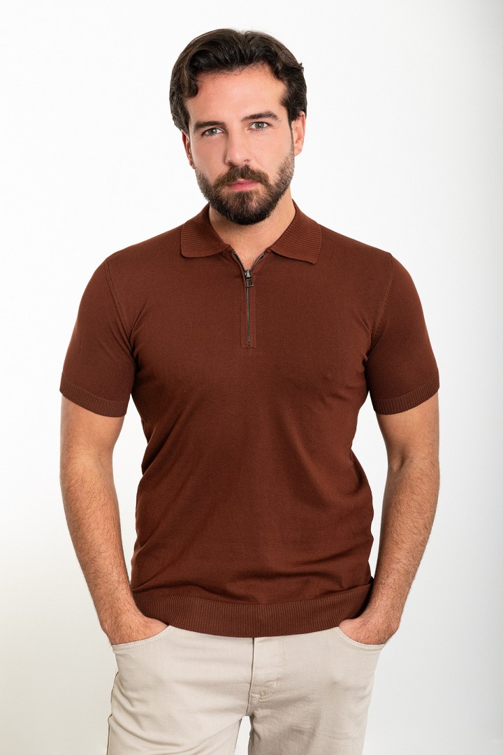 Tile Color Zippered Shirt Collar Design Classic Men's Knit Tshirt