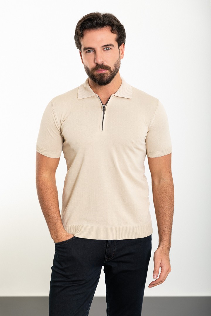 Beige Color Zippered Shirt Collar Design Classic Men's Knit Tshirt