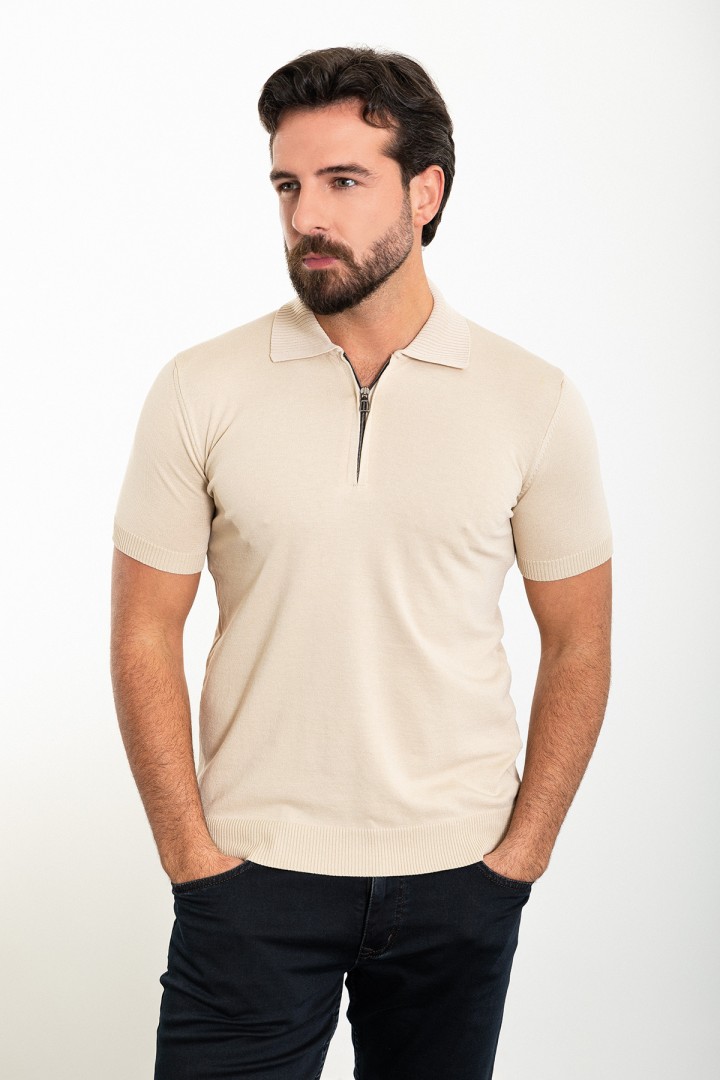 Beige Color Zippered Shirt Collar Design Classic Men's Knit Tshirt