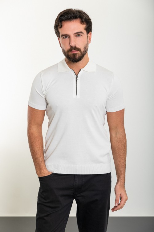 Ecru Color Zippered Shirt Collar Design Classic Men's Knit Tshirt