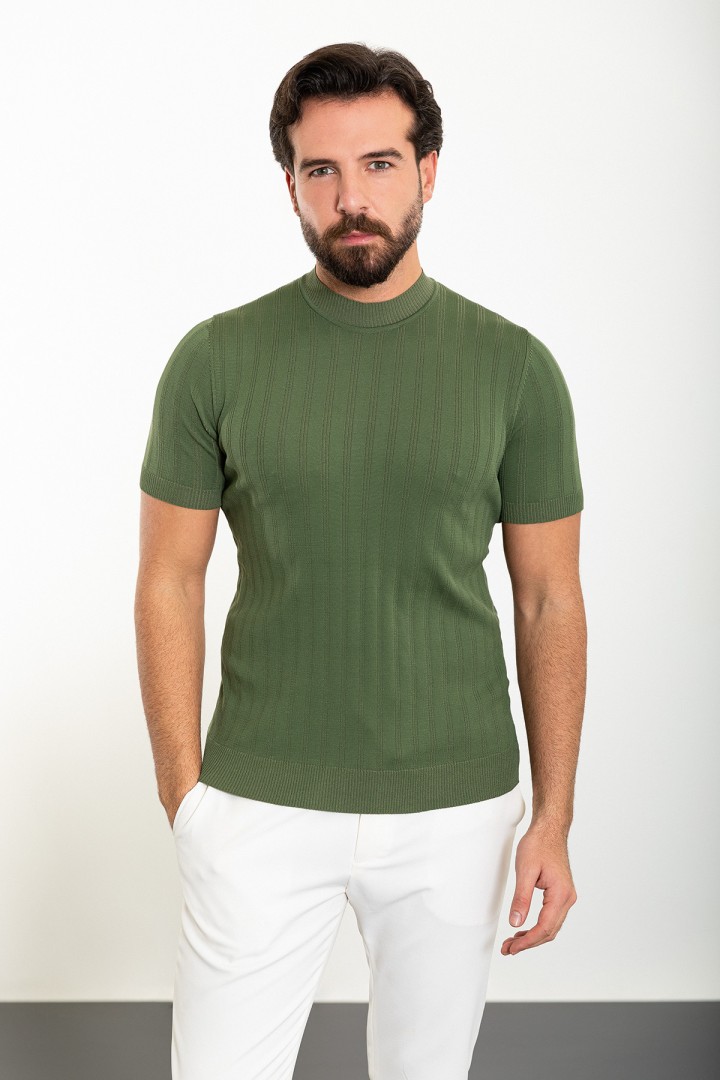 Khaki Color Striped And Mock Turtleneck Design Casual Men's Knit Tshirt