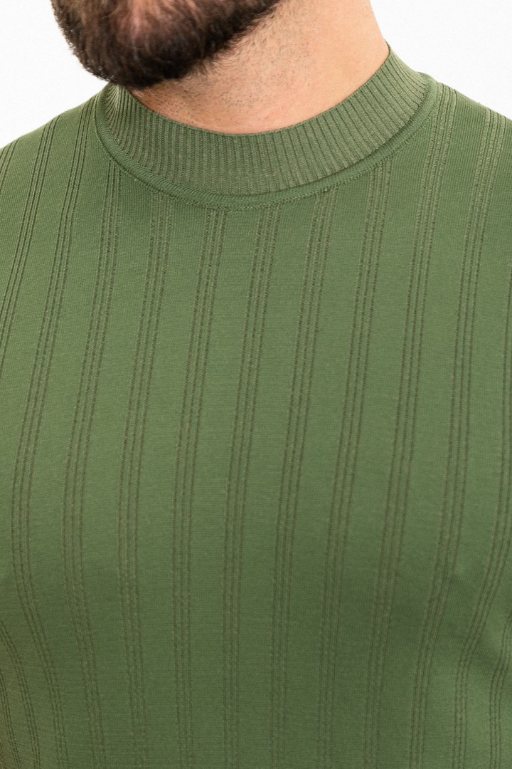 Khaki Color Striped And Mock Turtleneck Design Casual Men's Knit Tshirt