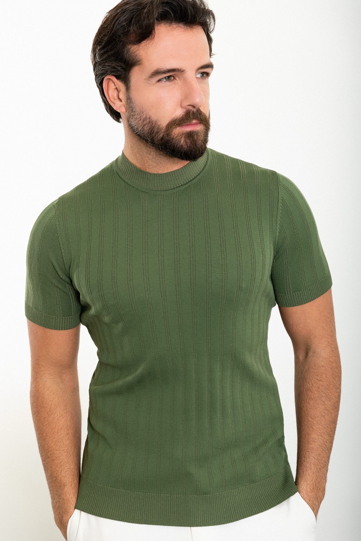Khaki Color Striped And Mock Turtleneck Design Casual Men's Knit Tshirt