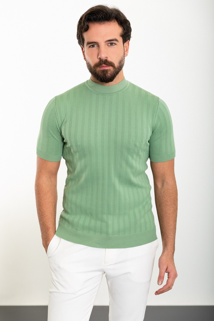 Unripe Almond Color Striped And Mock Turtleneck Design Casual Men's Knit Tshirt