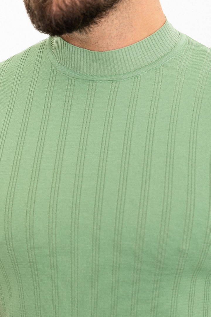 Unripe Almond Color Striped And Mock Turtleneck Design Casual Men's Knit Tshirt