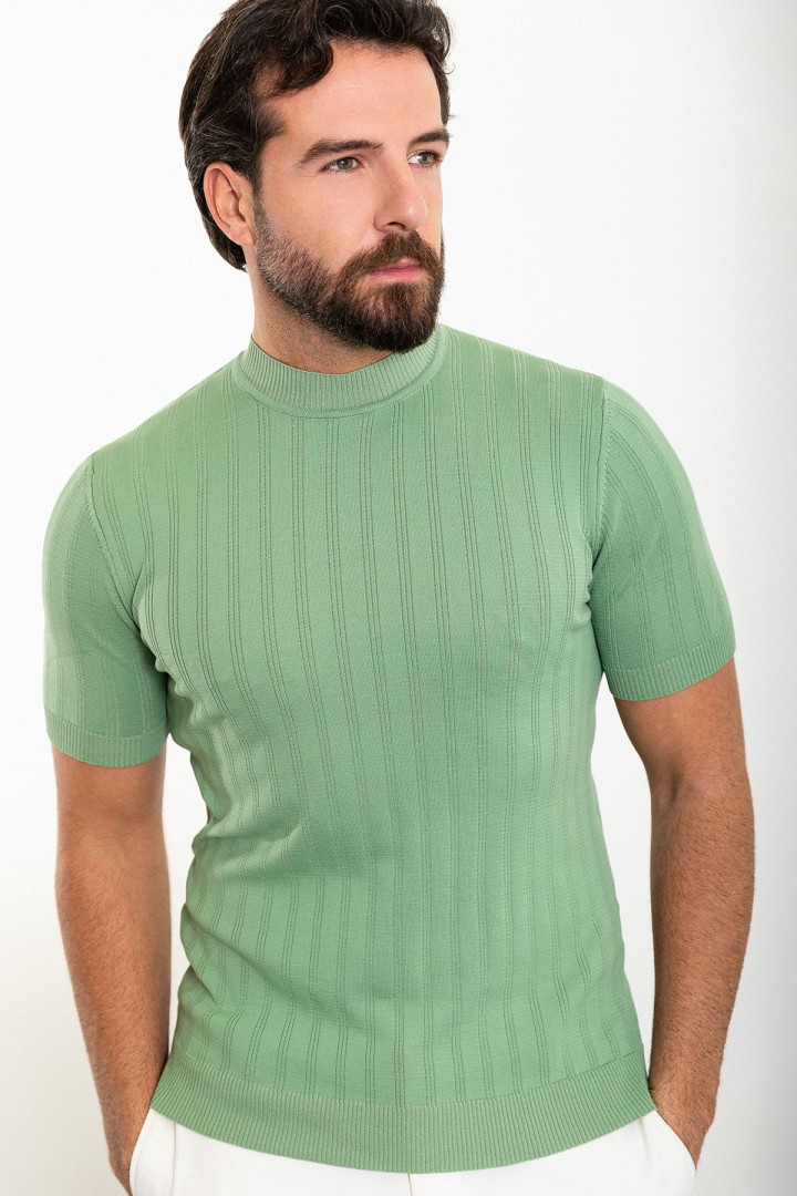 Unripe Almond Color Striped And Mock Turtleneck Design Casual Men's Knit Tshirt