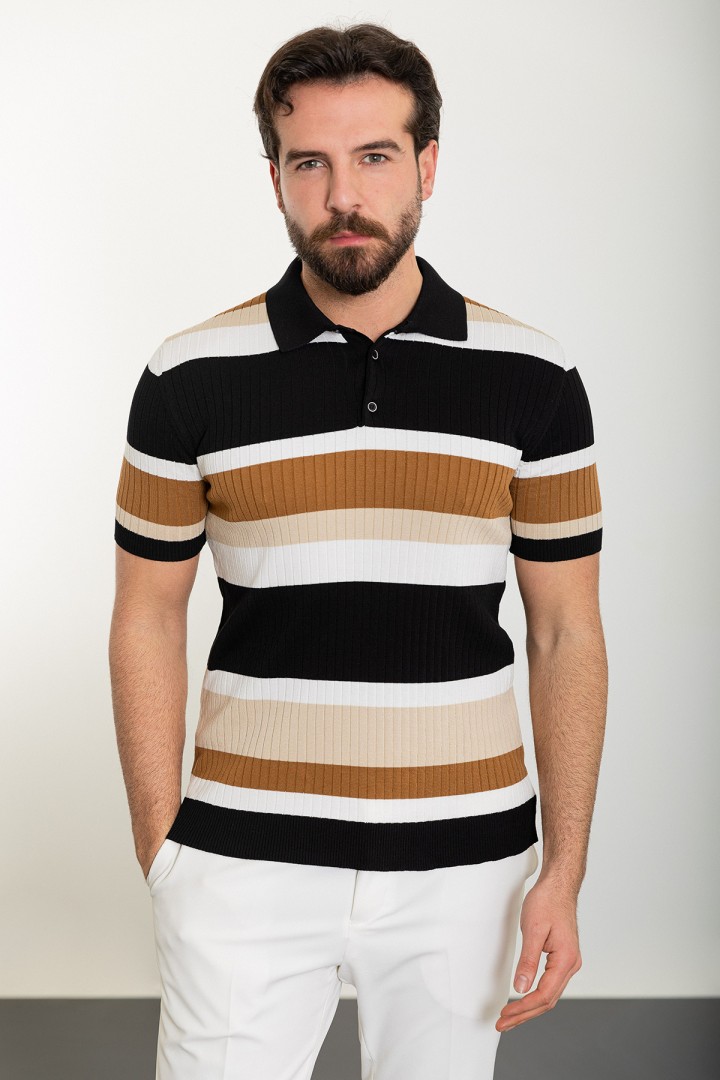 Black Color Shirt Collar And Striped Design Casual Men's Knit Tshirt