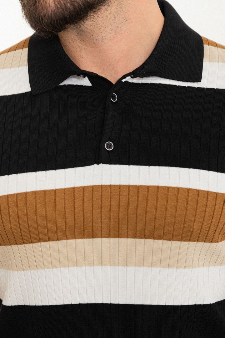 Black Color Shirt Collar And Striped Design Casual Men's Knit Tshirt