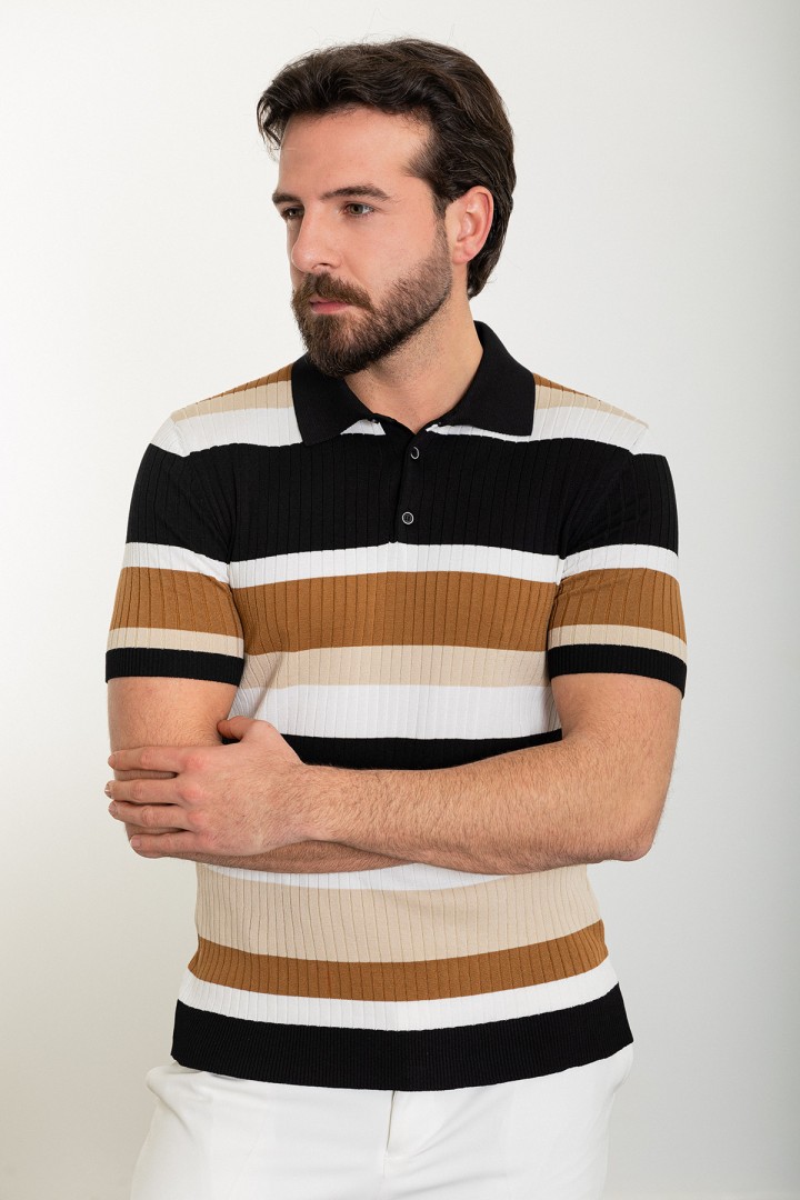 Black Color Shirt Collar And Striped Design Casual Men's Knit Tshirt