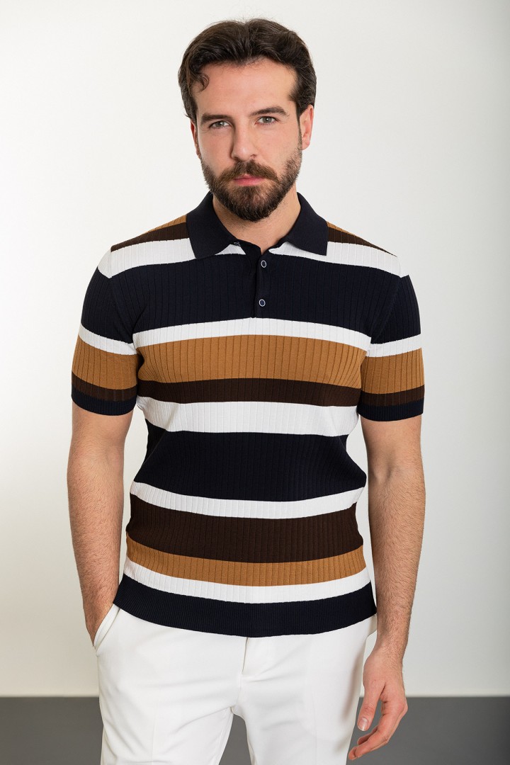 Dark Blue Color Shirt Collar And Striped Design Casual Men's Knit Tshirt