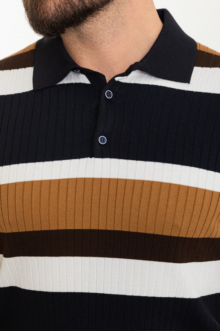 Dark Blue Color Shirt Collar And Striped Design Casual Men's Knit Tshirt
