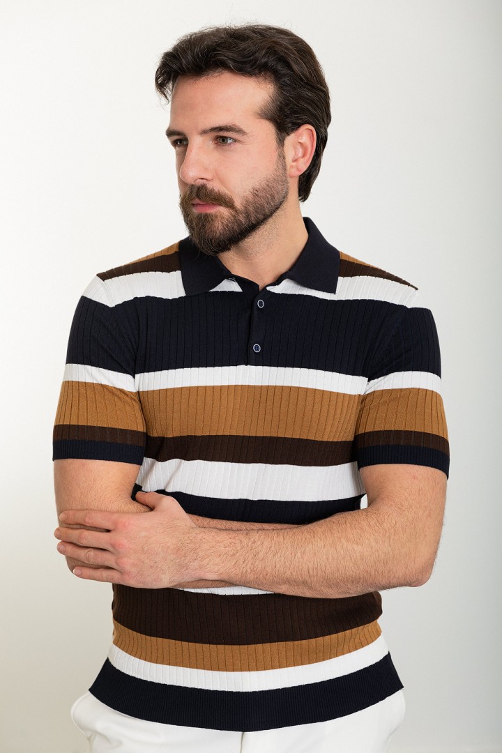 Dark Blue Color Shirt Collar And Striped Design Casual Men's Knit Tshirt