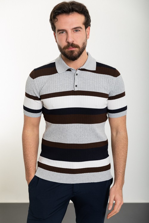 Light Grey Color Shirt Collar And Striped Design Casual Men's Knit Tshirt