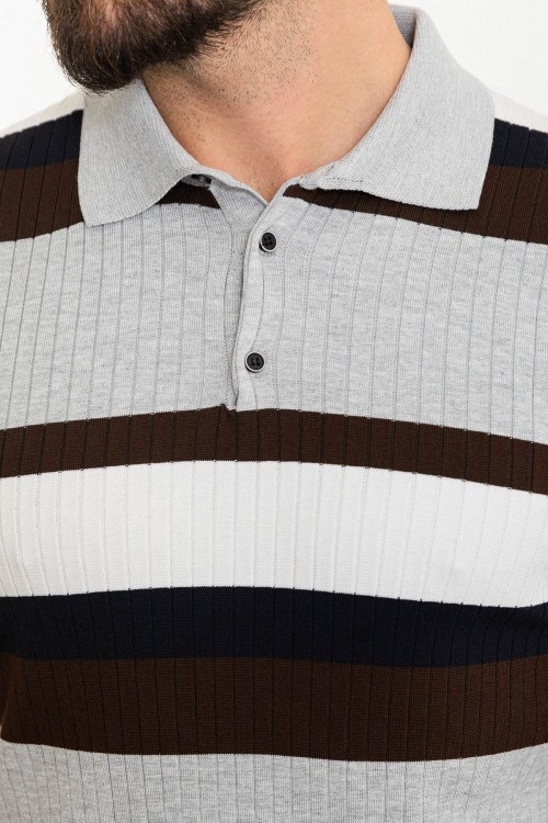 Light Grey Color Shirt Collar And Striped Design Casual Men's Knit Tshirt