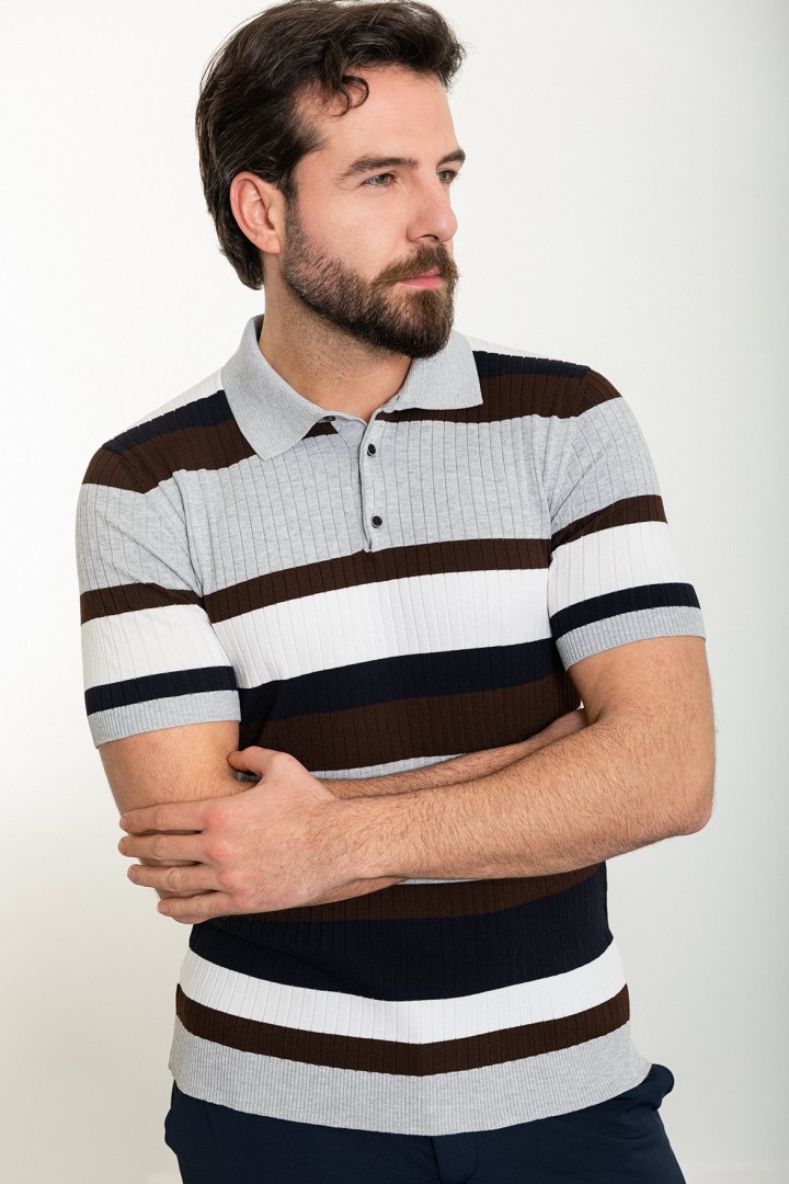 Light Grey Color Shirt Collar And Striped Design Casual Men's Knit Tshirt