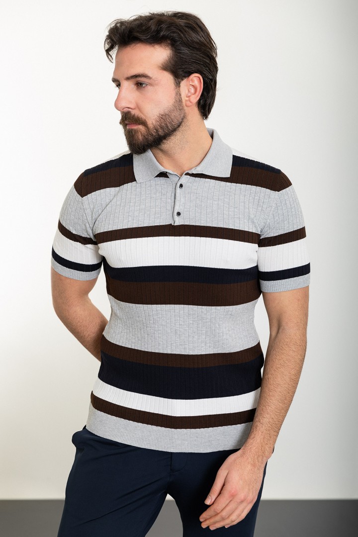 Light Grey Color Shirt Collar And Striped Design Casual Men's Knit Tshirt