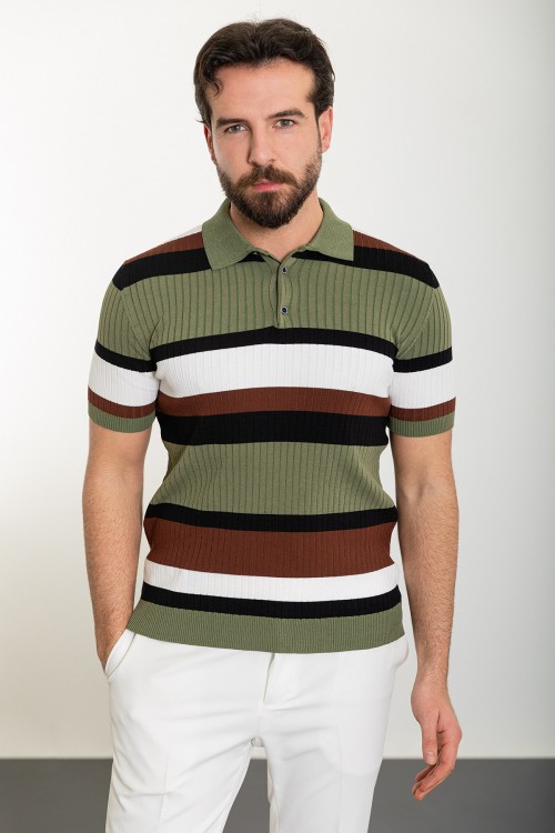 Khaki Color Shirt Collar And Striped Design Casual Men's Knit Tshirt