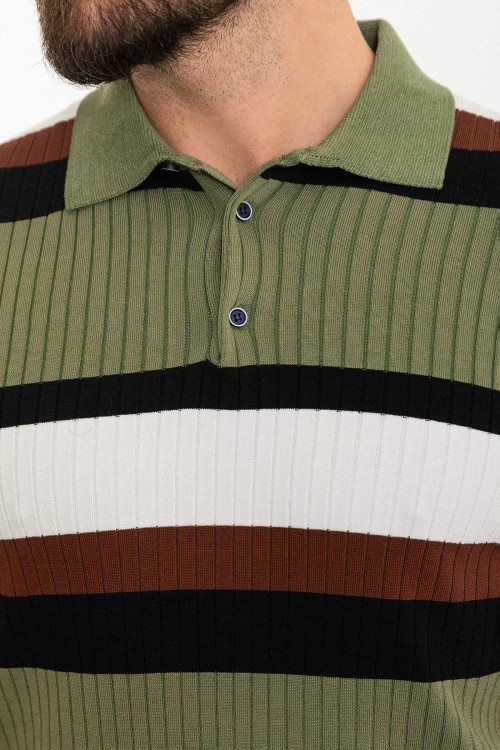 Khaki Color Shirt Collar And Striped Design Casual Men's Knit Tshirt