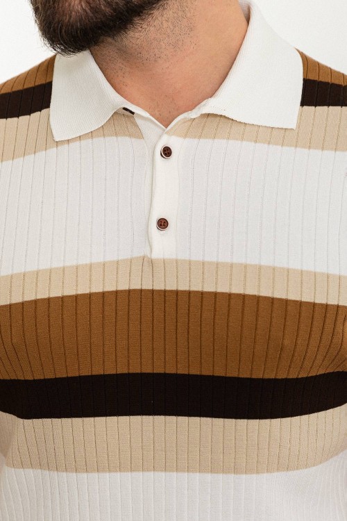 Ecru Color Shirt Collar And Striped Design Casual Men's Knit Tshirt